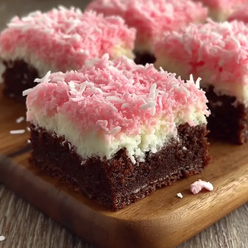 A piece of chocolate cake with pink frosting.