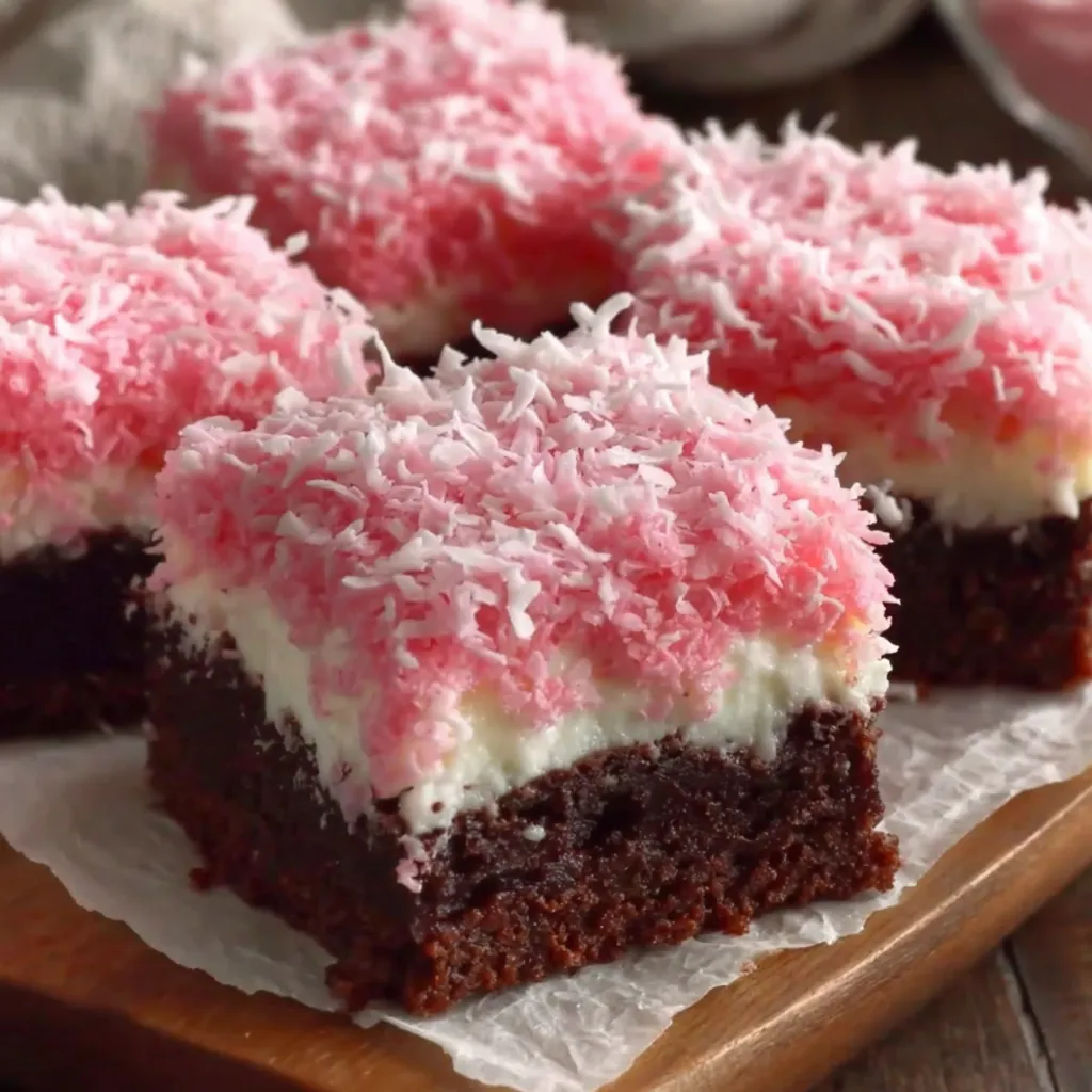 A plate of brownies with pink frosting.