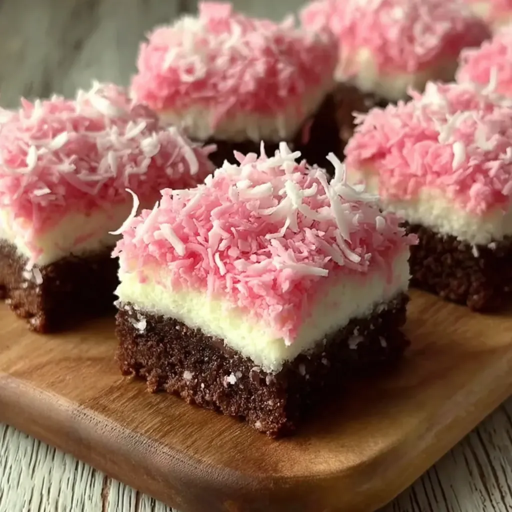 A plate of brownies with pink frosting.