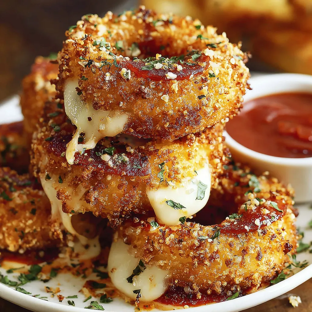 A plate of cheese covered onion rings.