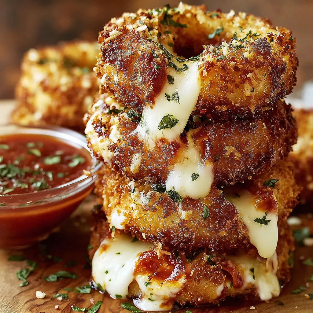 A stack of cheese covered onion rings.