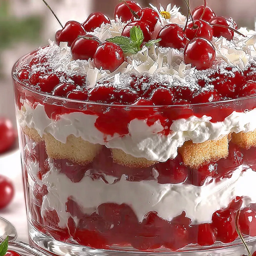 A glass bowl filled with red cherries and whipped cream.