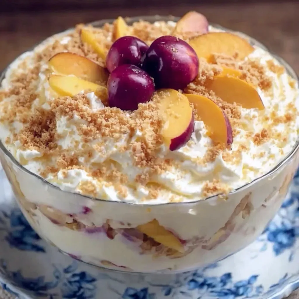 A bowl of fruit topped with whipped cream.
