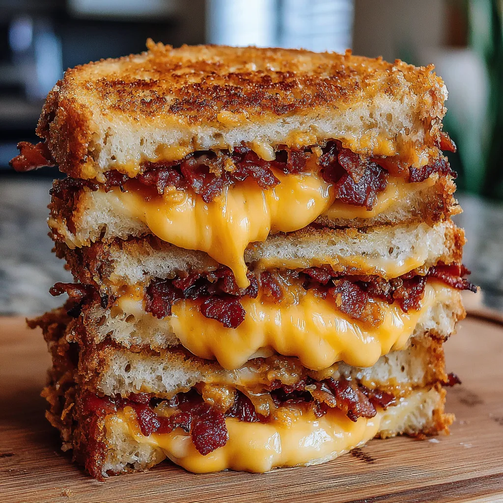 A stack of sandwiches with cheese and bacon.