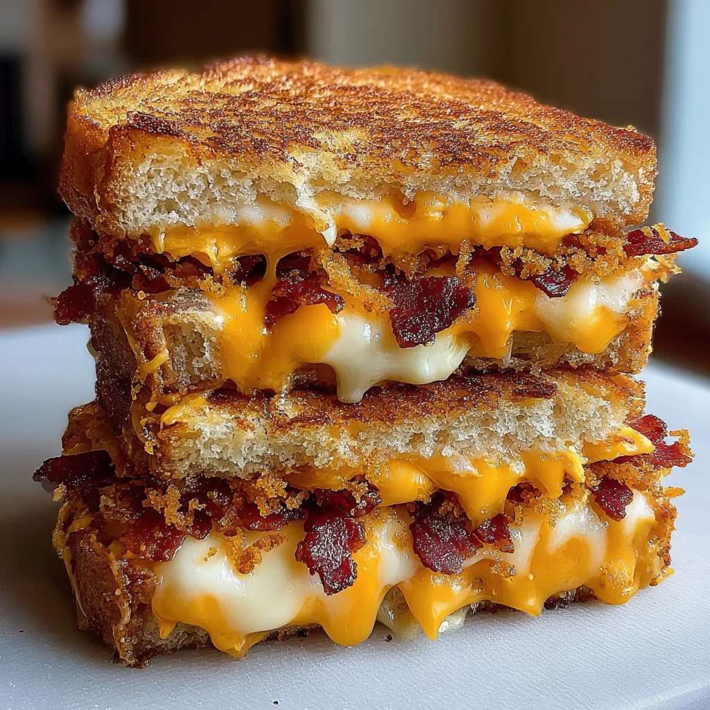 A sandwich with cheese and bacon on it.