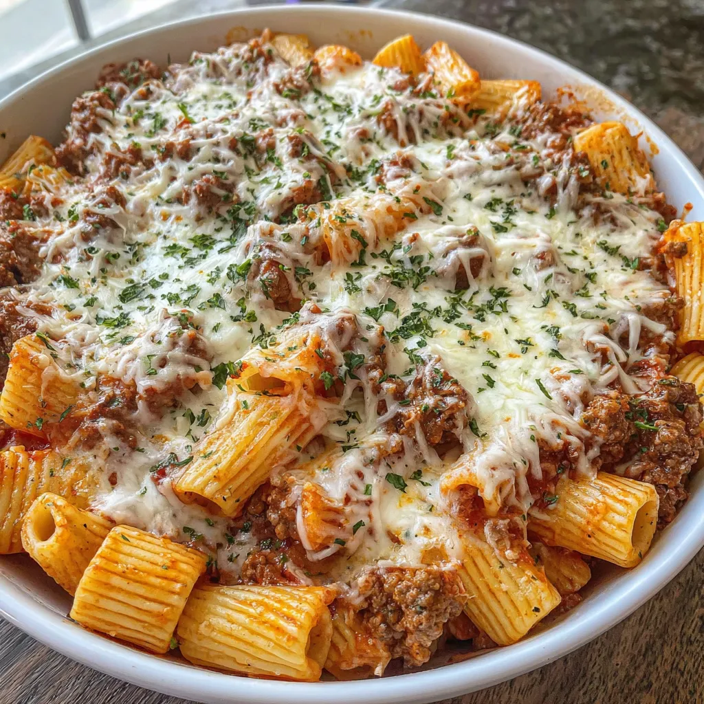 A bowl of pasta with meat and cheese.