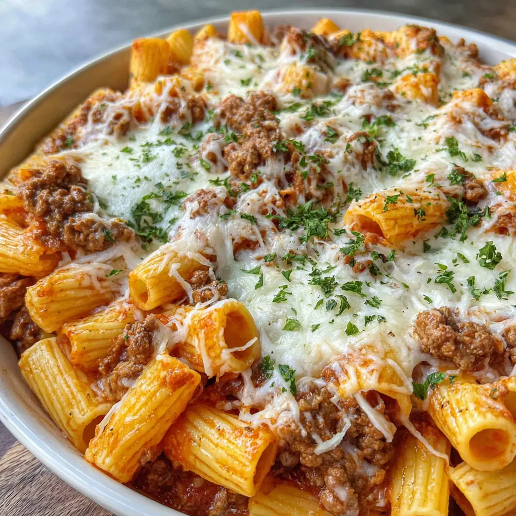 A plate of pasta with meat and cheese.