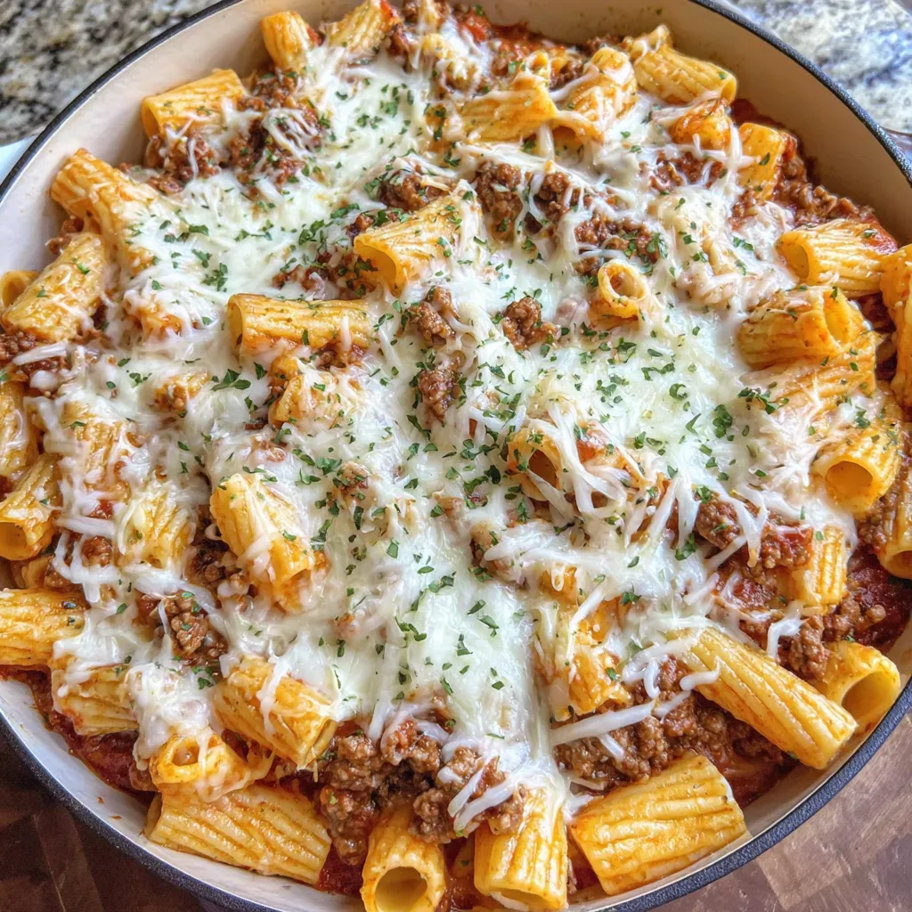 A bowl of pasta with meat and cheese.
