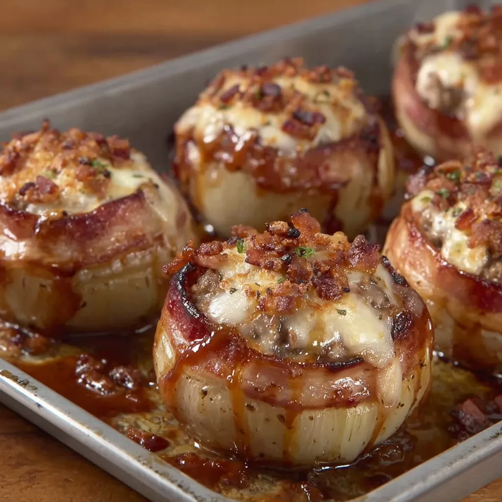 Bacon wrapped onions in a pan.