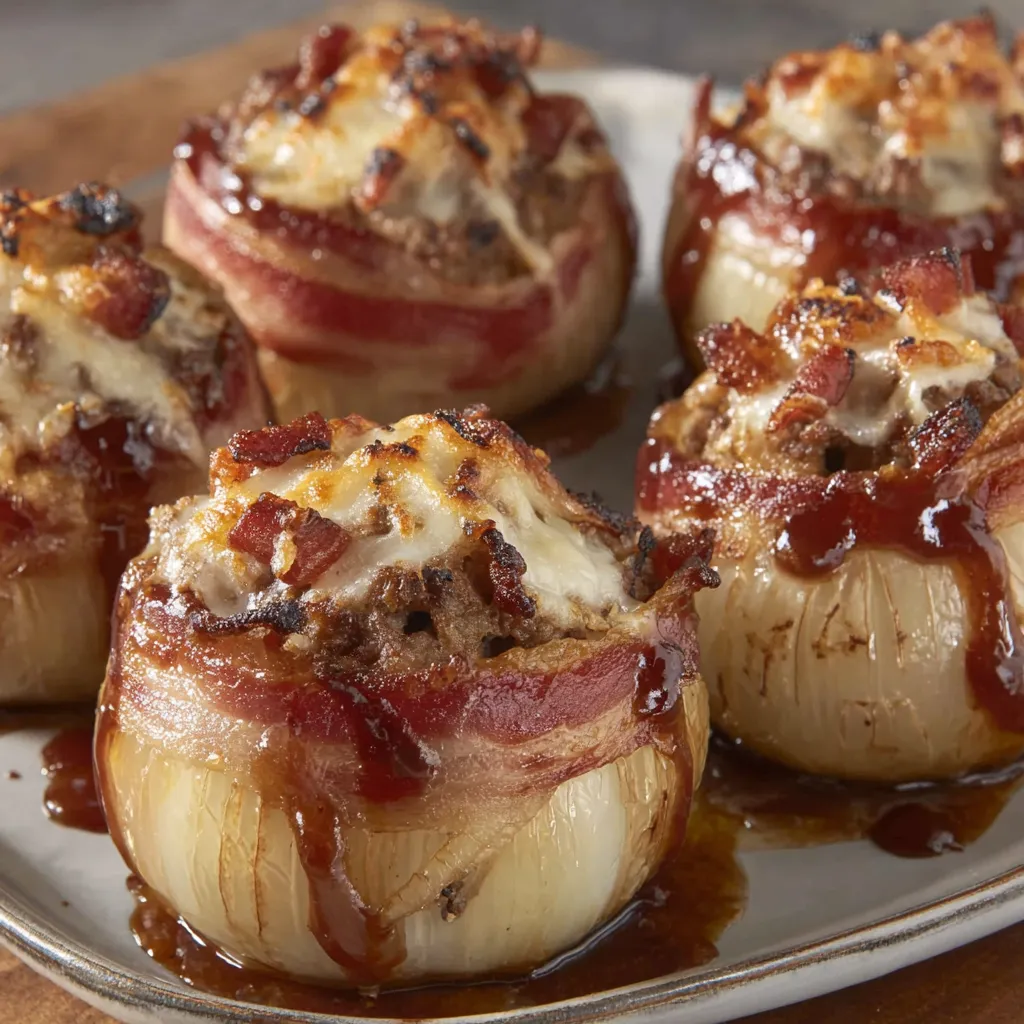Bacon wrapped onions with cheese and sauce.