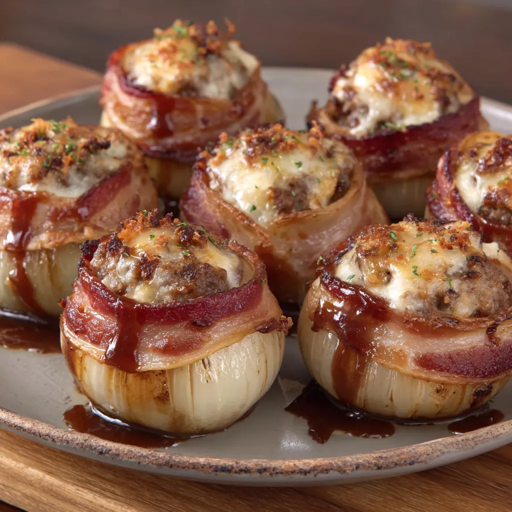 A plate of bacon wrapped onions.