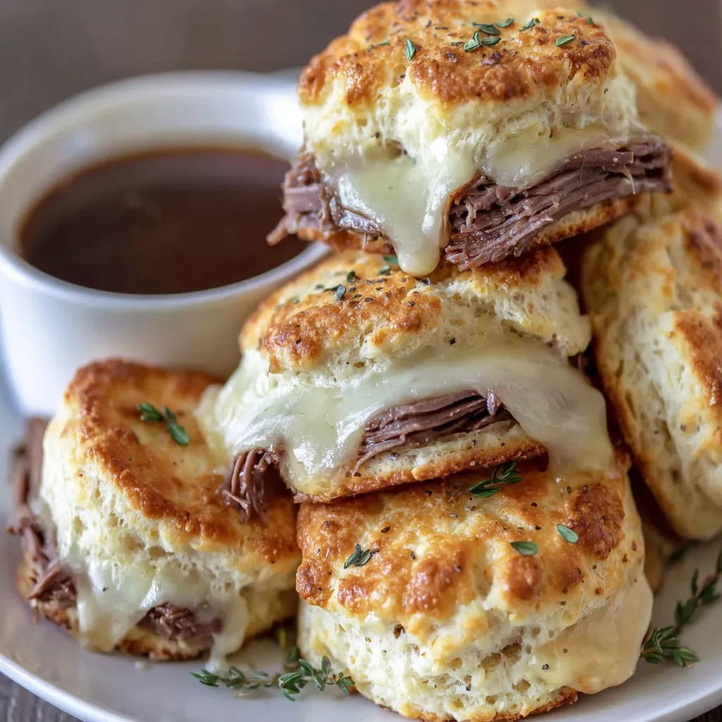 A stack of beef and cheese biscuits.
