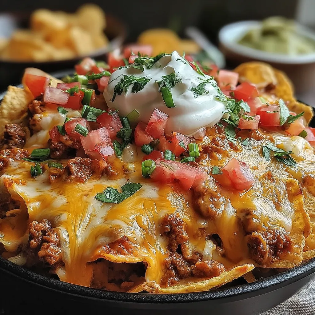 A plate of nachos with a dollop of sour cream on top.