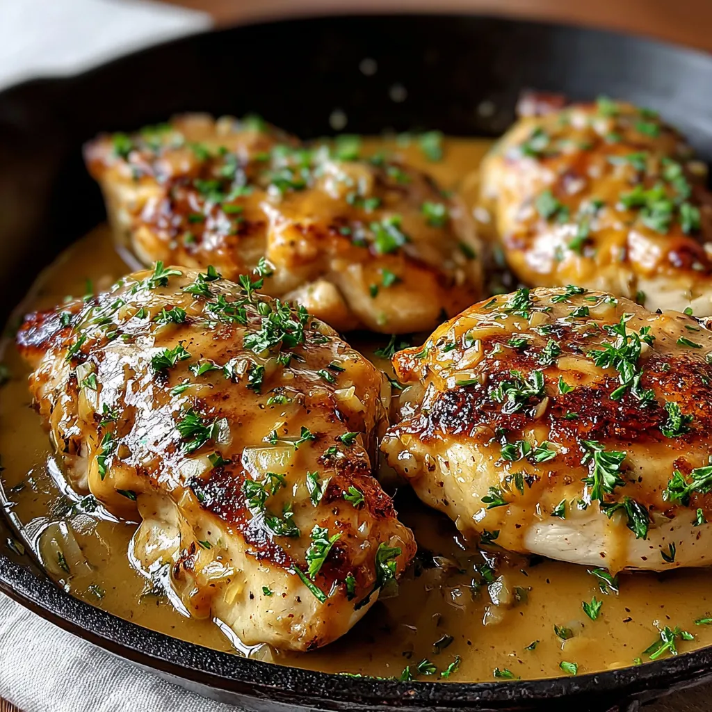 Chicken with herbs and sauce in a skillet.