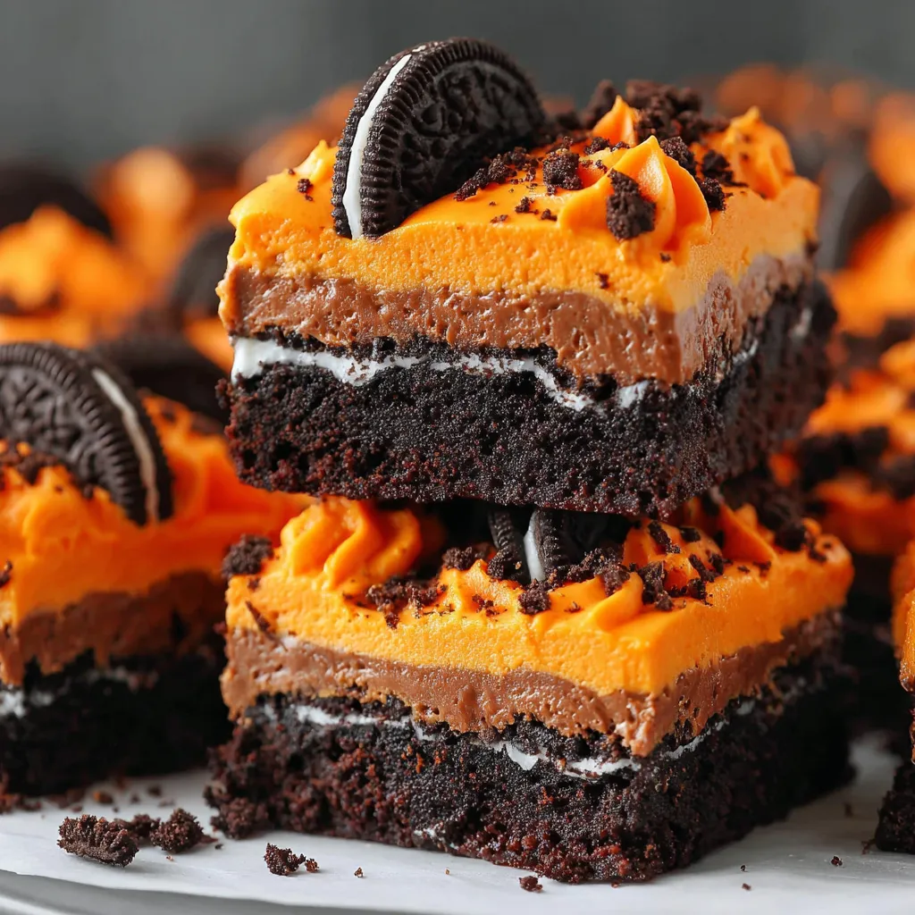 A slice of chocolate cake with orange frosting and a cookie on top.
