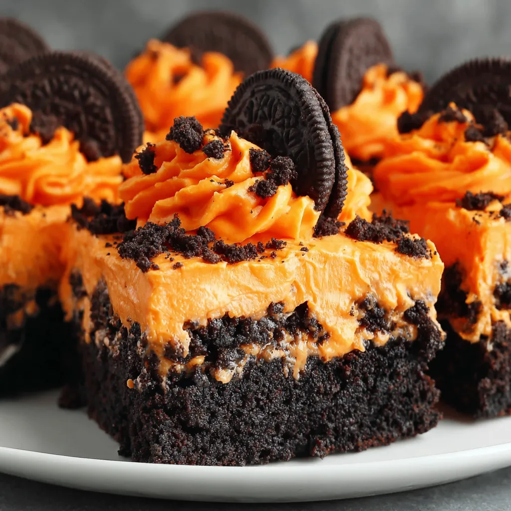 A plate of cake with chocolate and orange frosting.