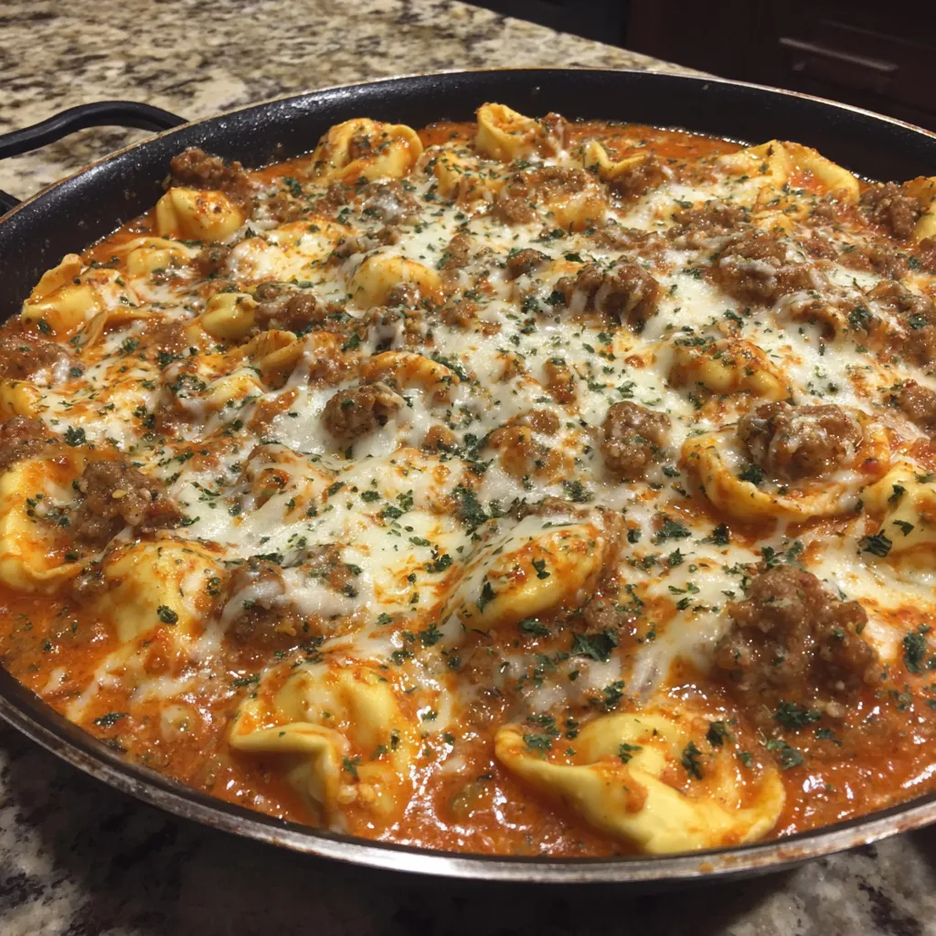 A pan of pasta with meat sauce.