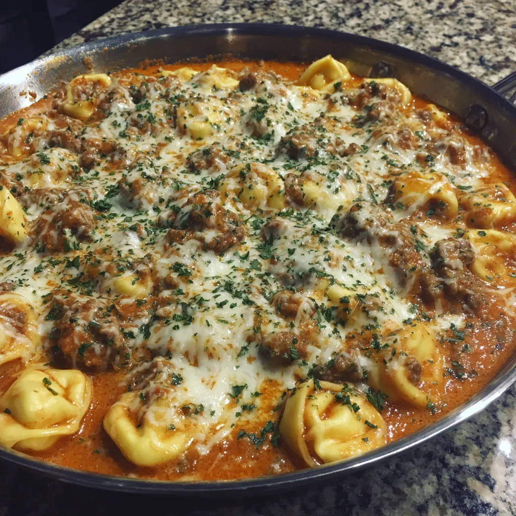 A pan of food with pasta and meat.