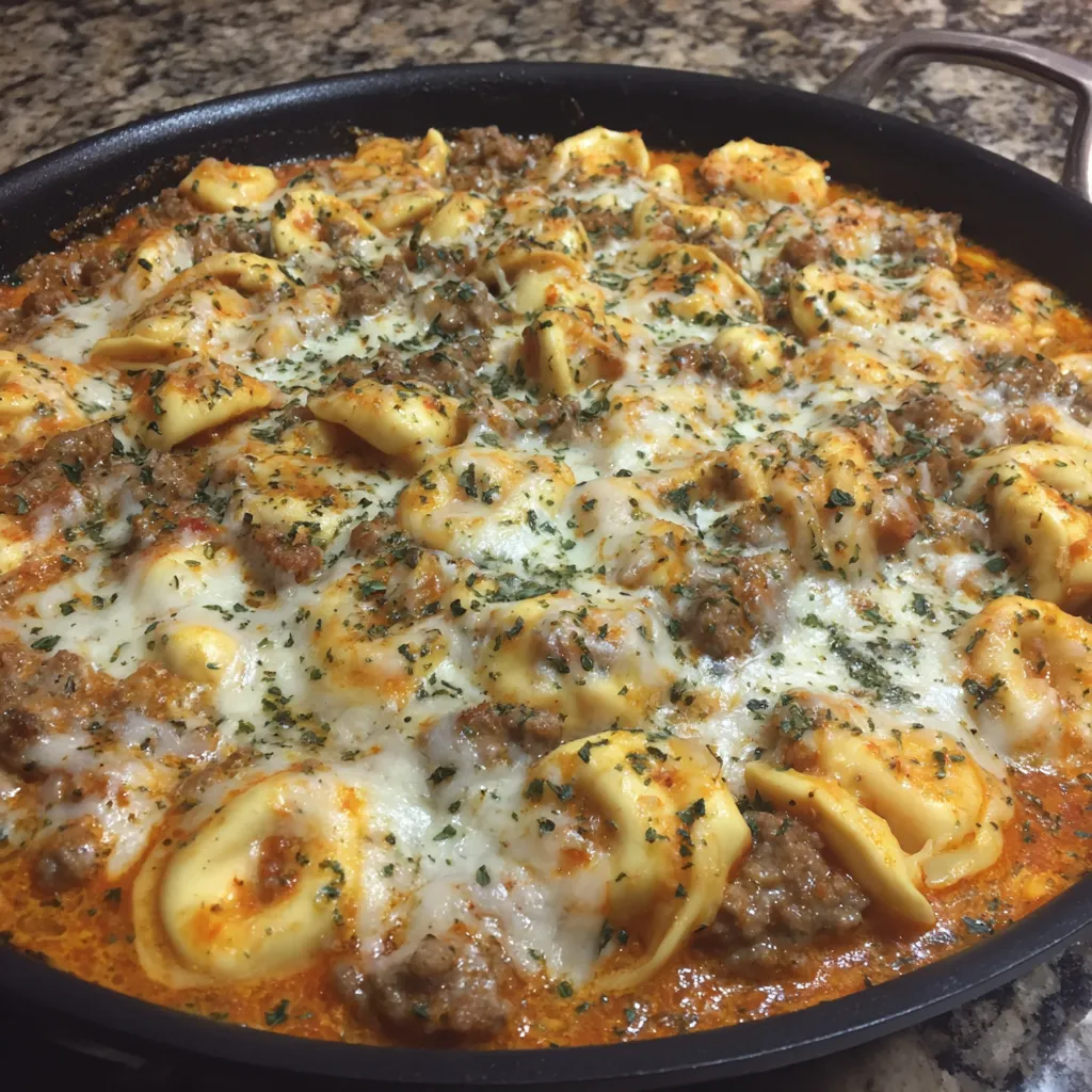 A pan of food with pasta and meat.