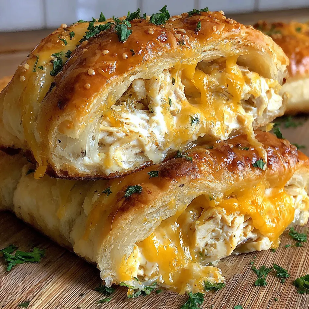 A stack of three cheese and chicken filled pastries.