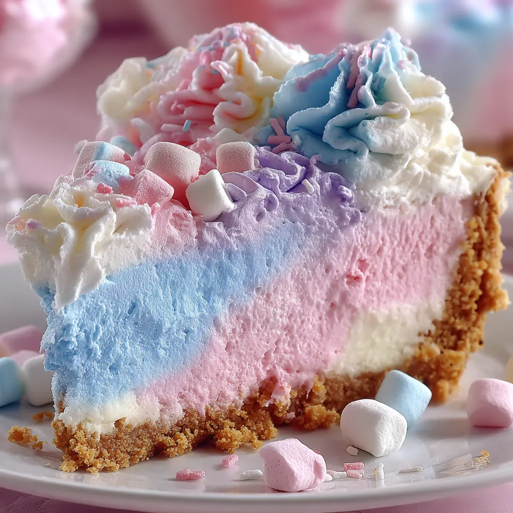 A slice of cake with pink, blue, and purple frosting.