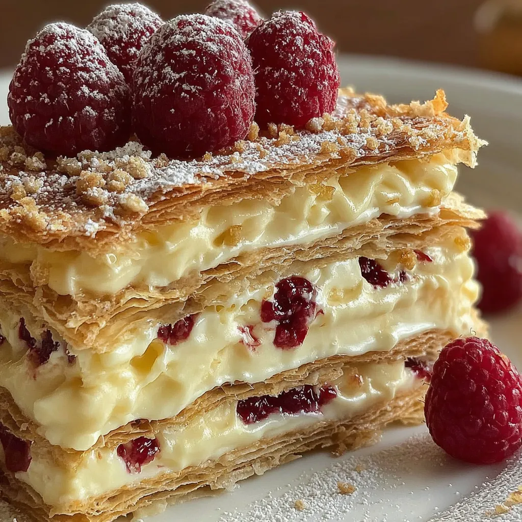 A stack of three layers of pastry with raspberries on top.
