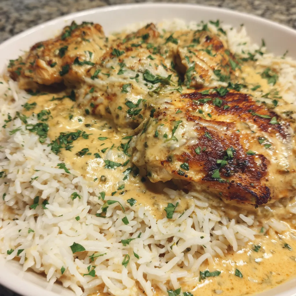 A bowl of rice with chicken and sauce.