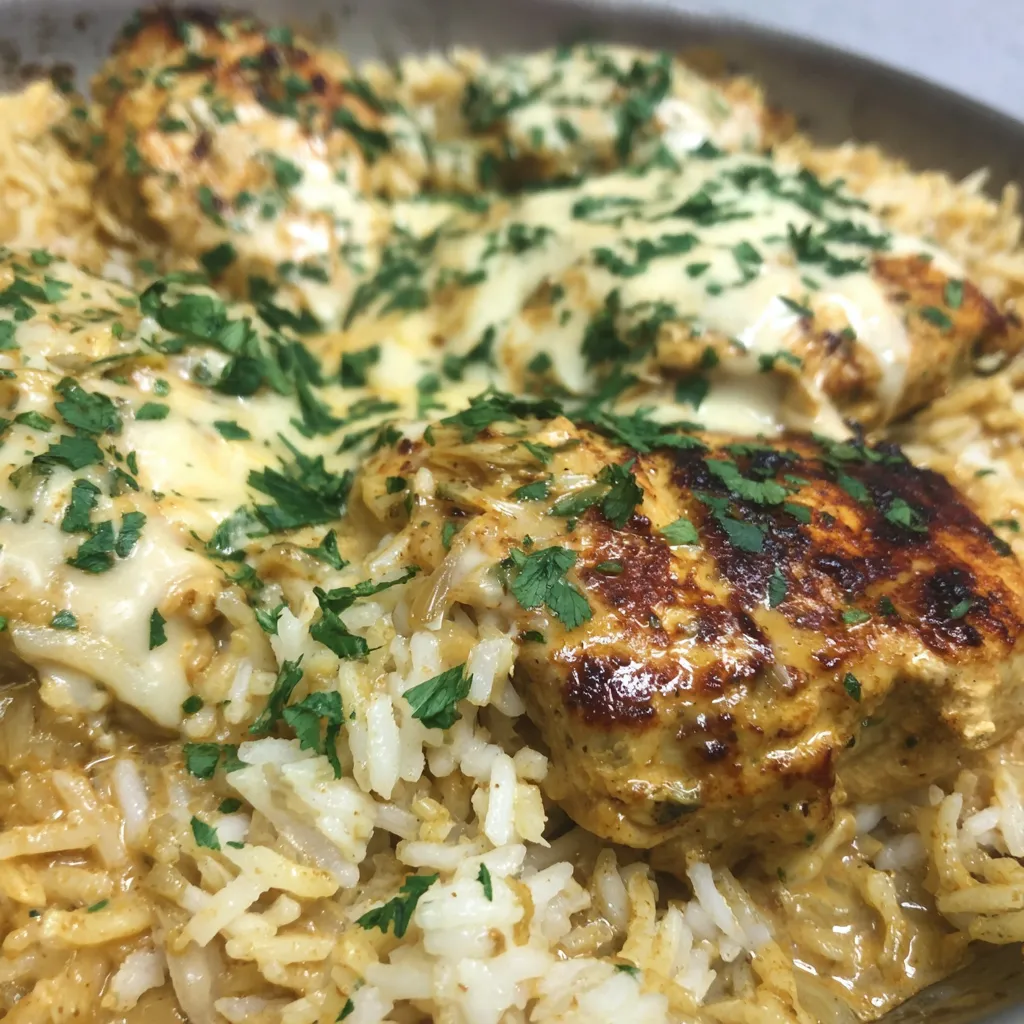 A dish of rice with chicken and cheese.