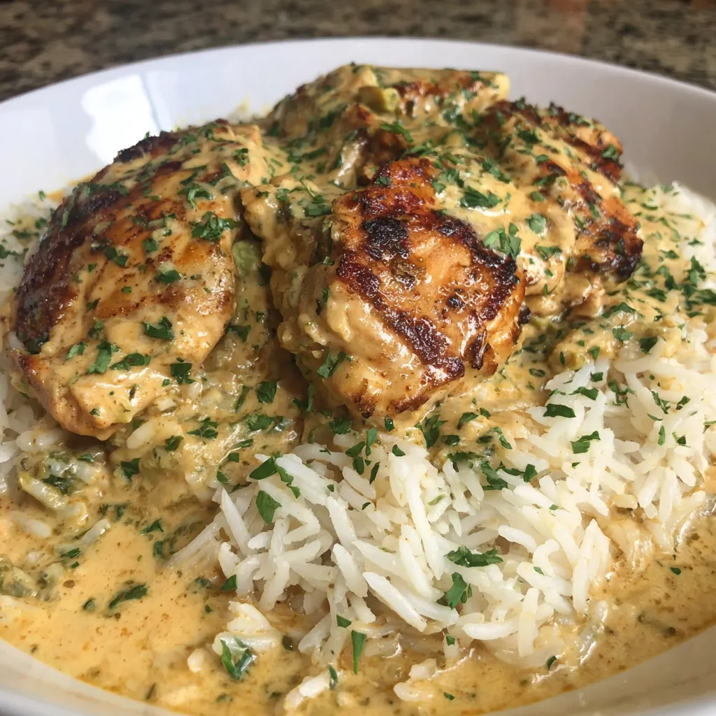 A plate of rice with chicken and sauce.