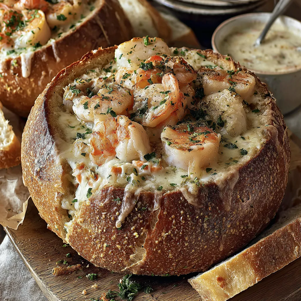 A bowl of shrimp and cheese in a bread bowl.
