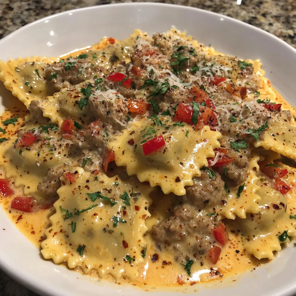 A plate of pasta with meat and tomatoes.