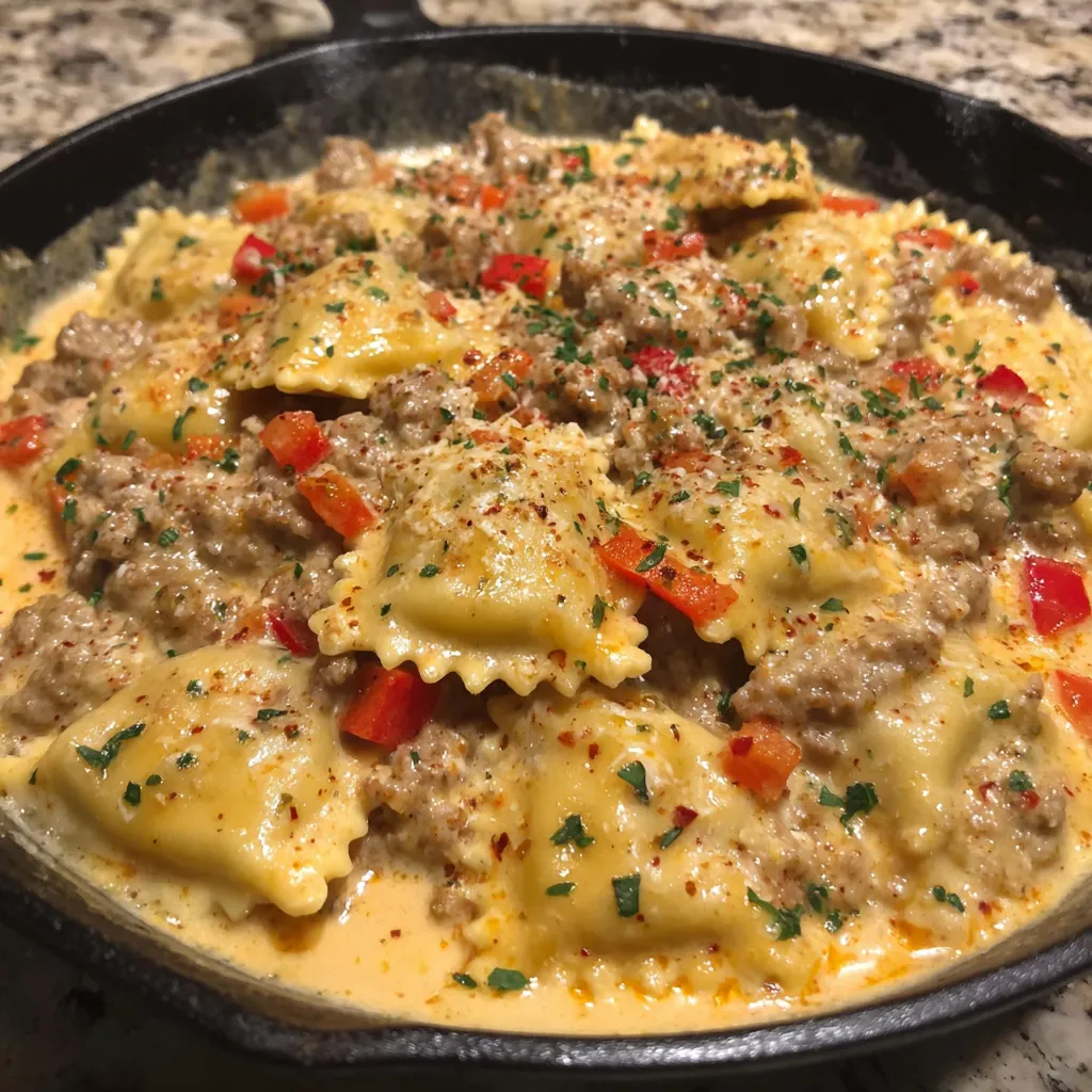 A pan of pasta with meat and vegetables.