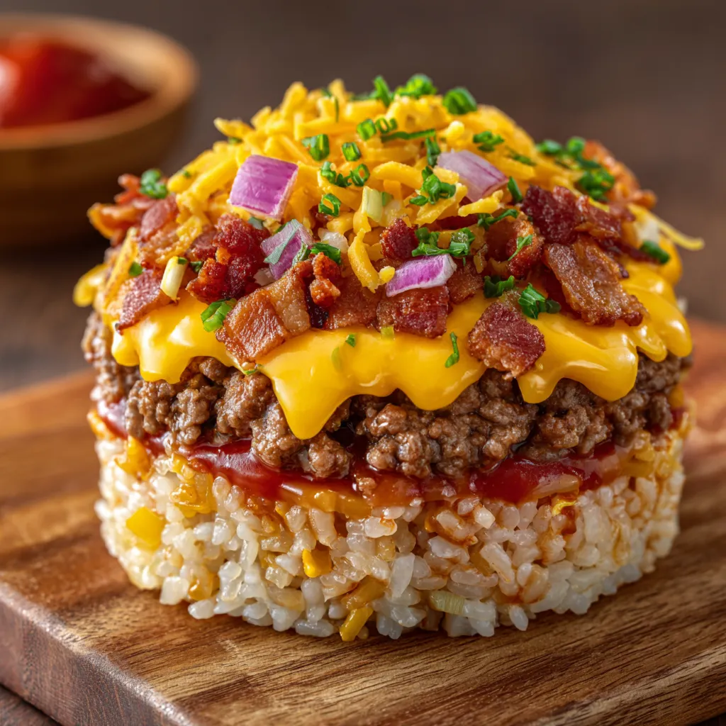 A cheeseburger with bacon and onions.
