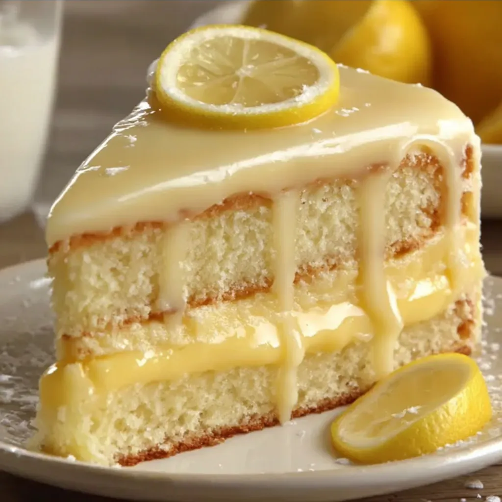 A slice of lemon cake with lemon wedges on top.