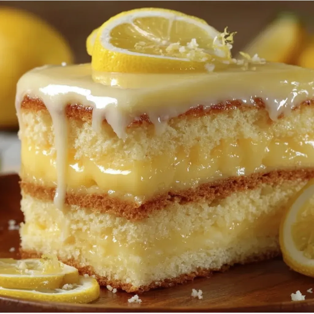 A slice of cake with lemon on top.