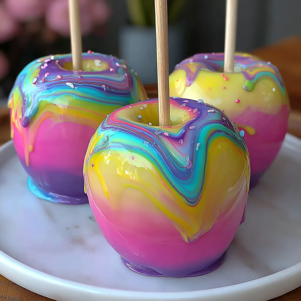 Three colorful apples with sticks in them.