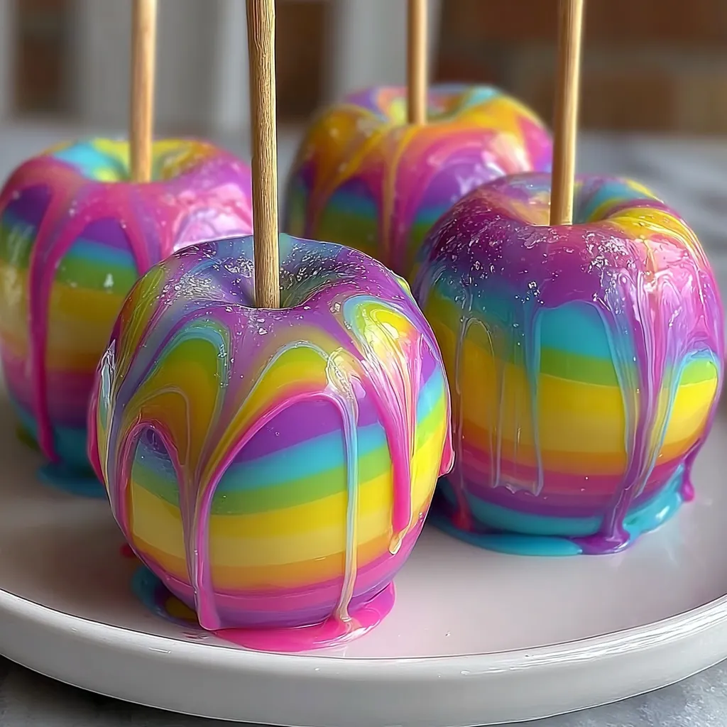Rainbow colored apples on a plate.