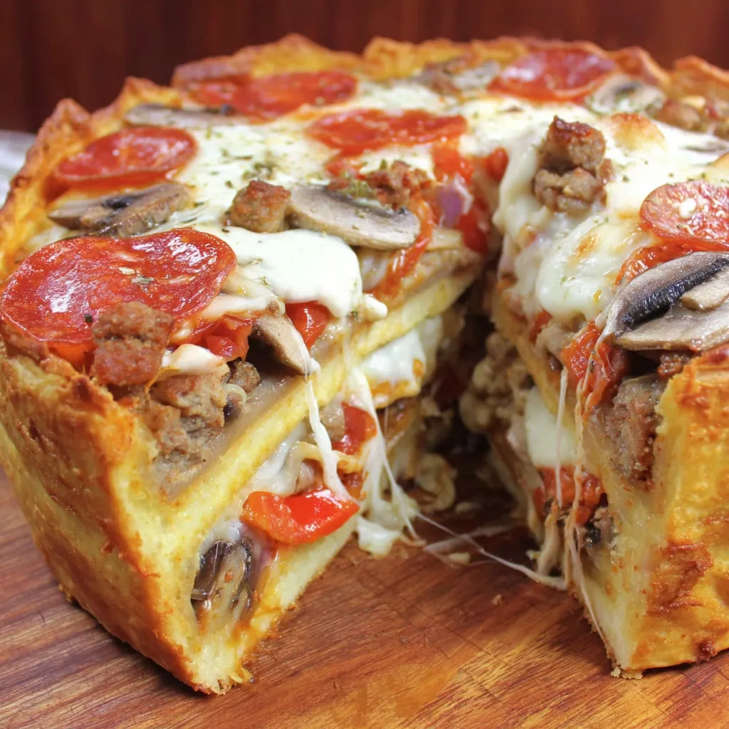 A slice of pizza with pepperoni and mushrooms.