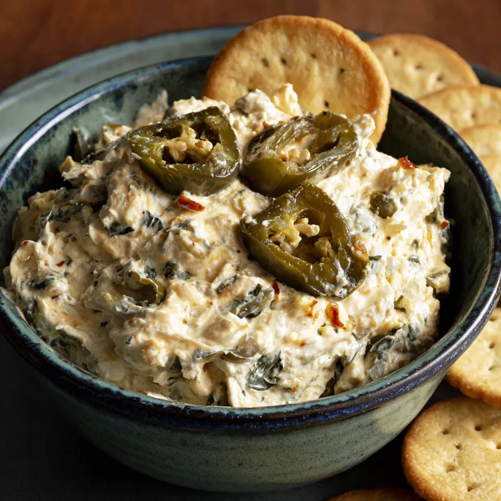 A bowl of dip with a cracker on top.