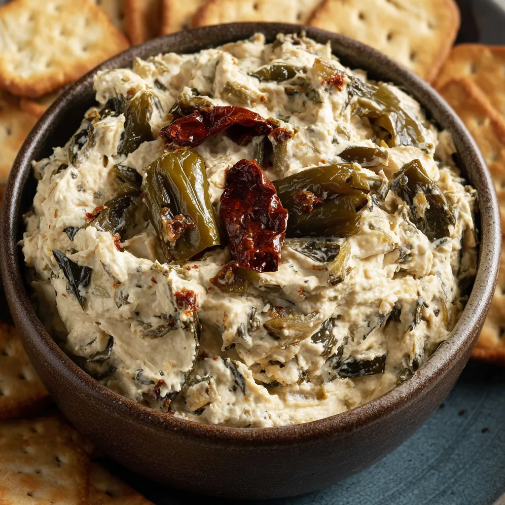A bowl of dip with a spoon in it.