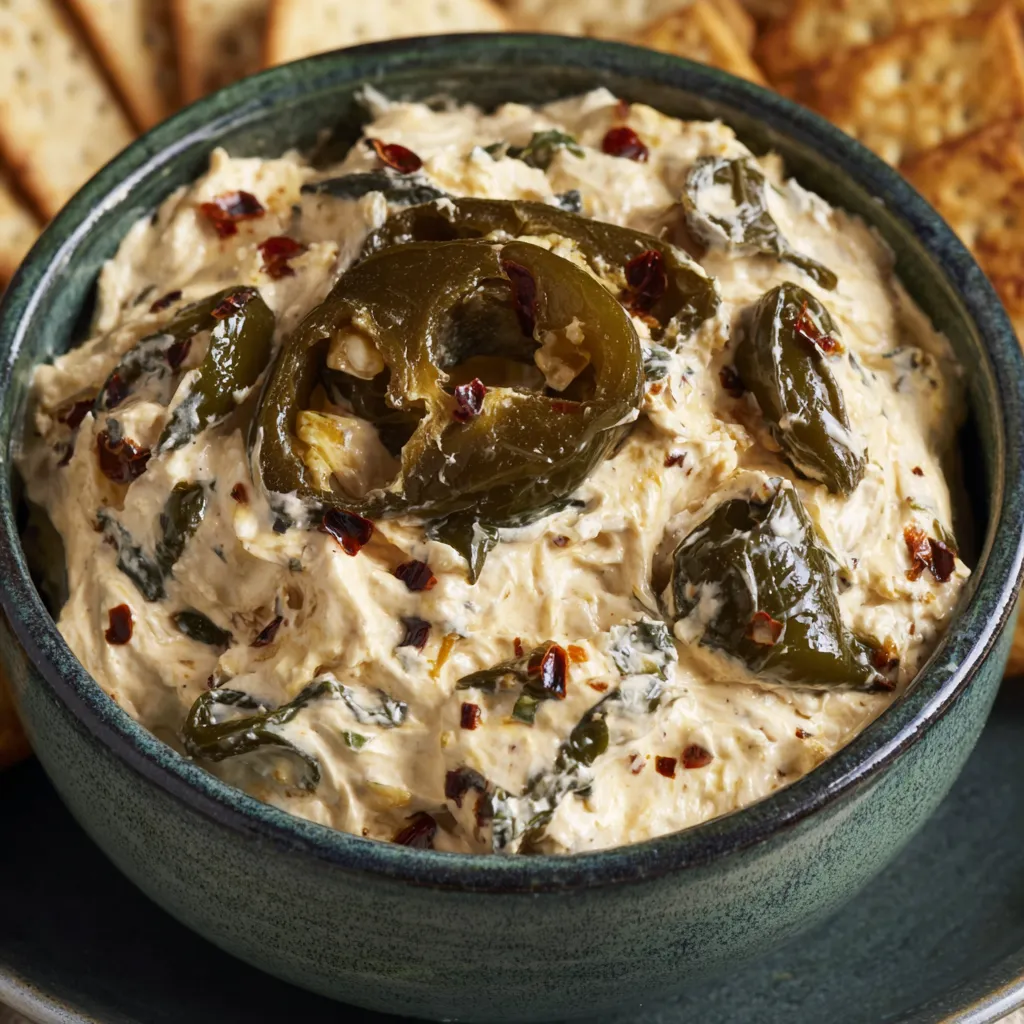 A bowl of hummus with green peppers.