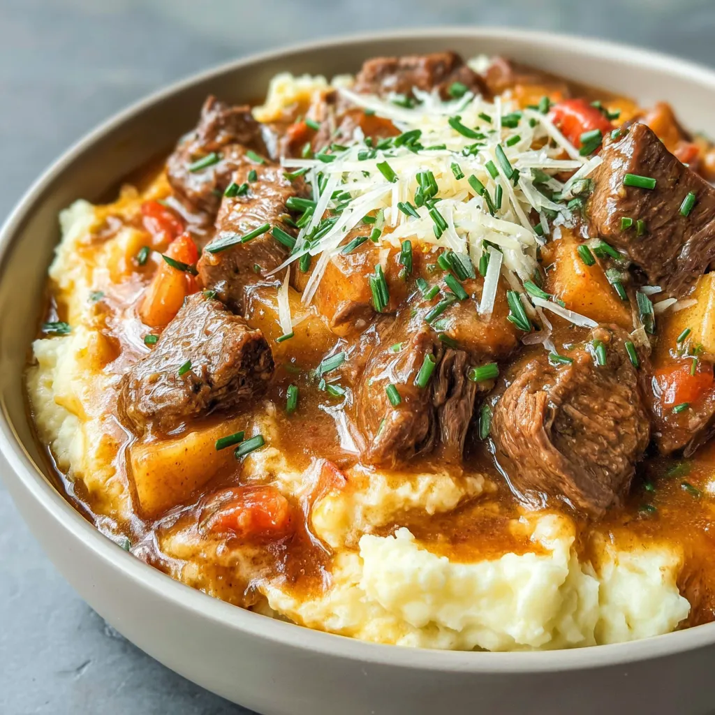 A bowl of meat and potatoes.
