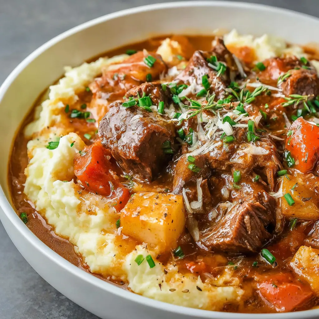 A bowl of beef stew with potatoes and herbs.