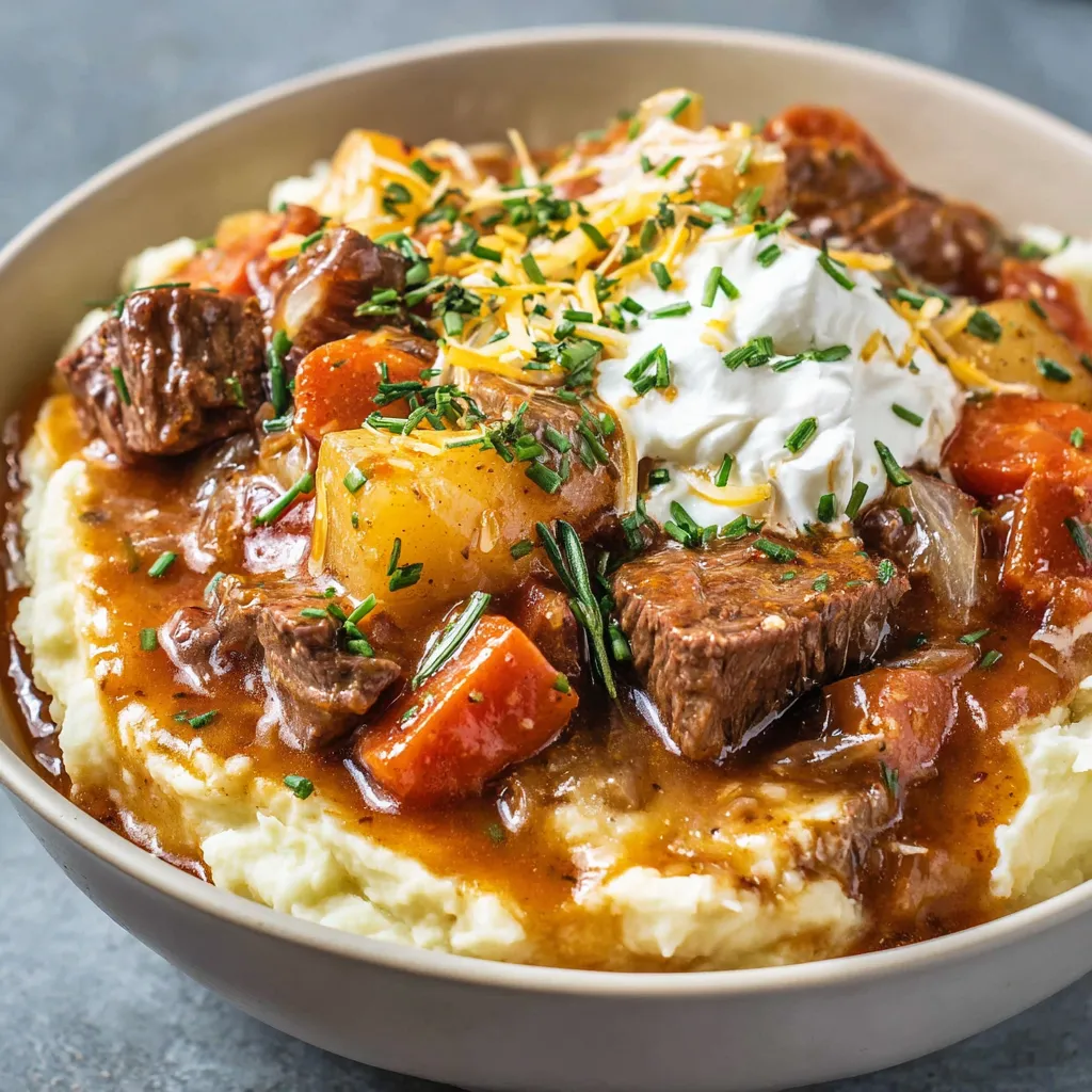 A bowl of stew with meat and vegetables.