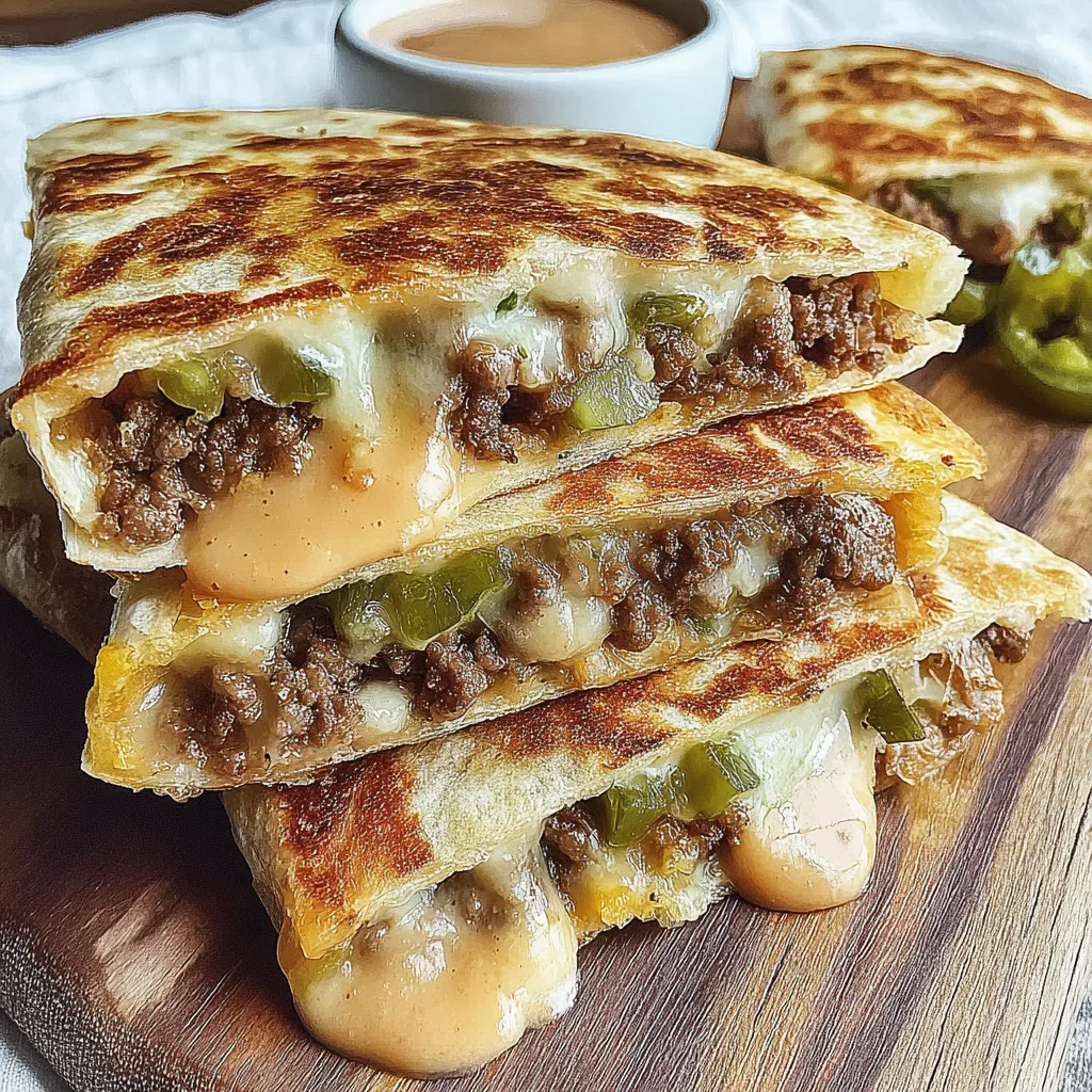 A stack of three sandwiches with cheese and jalapenos.