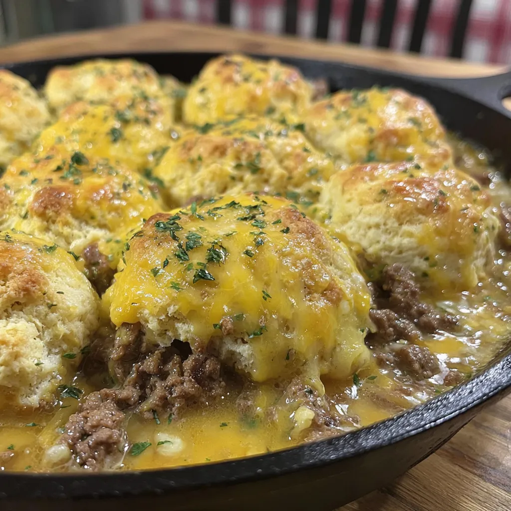 A pan of food with meat and biscuits.