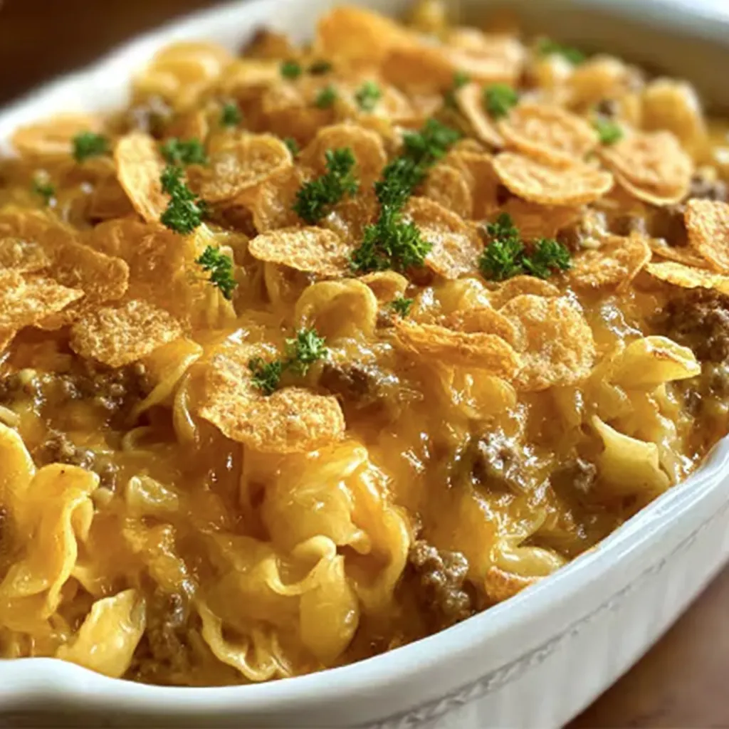 A bowl of macaroni and cheese with chips on top.