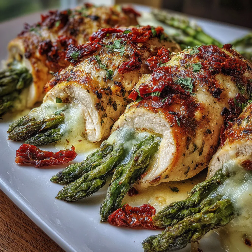 Chicken with red peppers and asparagus.