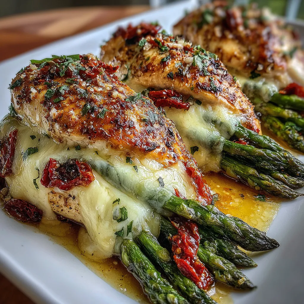 A plate of food with chicken and asparagus.