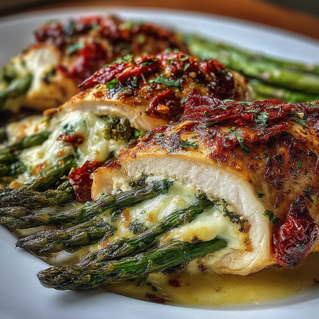 A plate of food with chicken and asparagus.